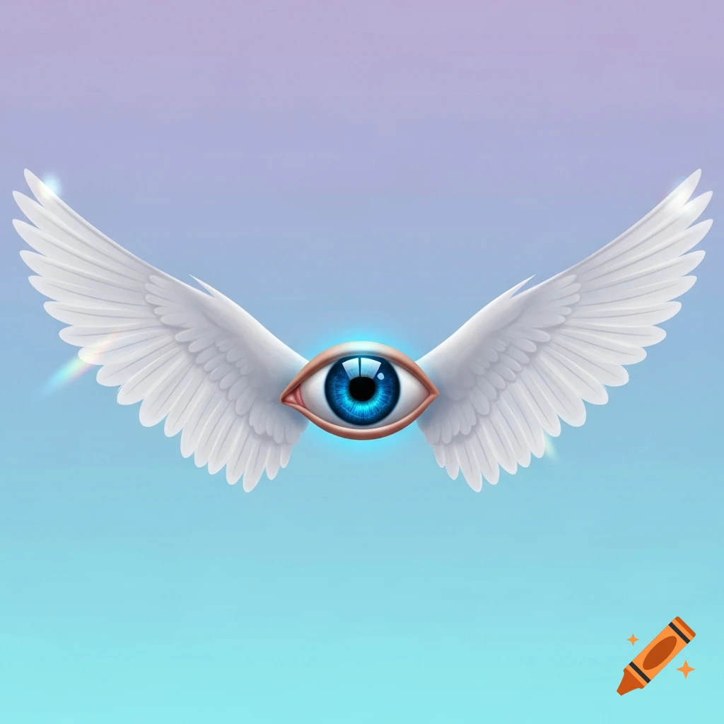 A vibrant blue eye with white bird wings on its sides, floating against a purple and blue gradient sky in a digital art style.