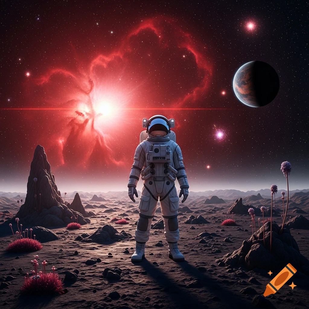 A photorealistic astronaut stands on a rocky alien planet under a vast, red-glowing nebula and distant planets.