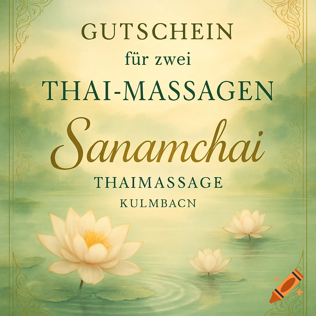 A serene green and yellow voucher for Sanamchai Thai-Massage with white water lilies on calm water, in an illustrative style.