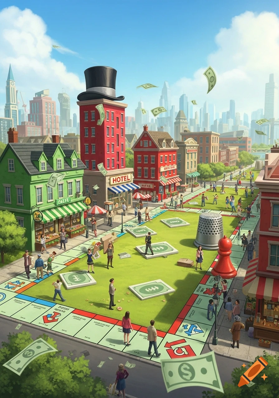 A vibrant illustration of a city block transformed into a Monopoly board, with people playing, giant tokens, and money flying.