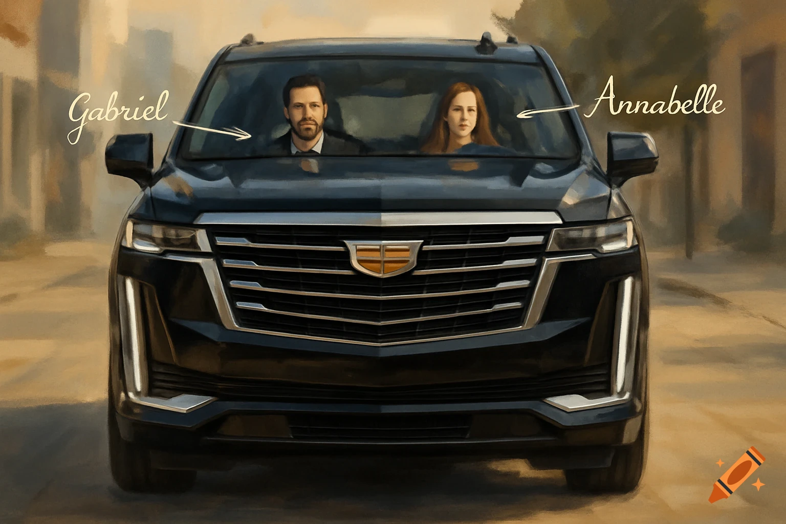 An illustrated front view of a black Cadillac Escalade with Gabriel driving and Annabelle in the passenger seat, both labeled with arrows.