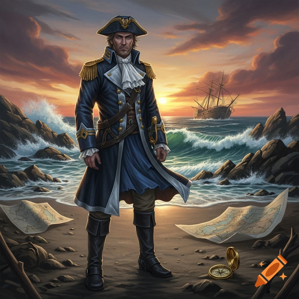 A determined captain stands on a rocky beach at sunset, with a tall ship on the rough sea and maps on the sand.