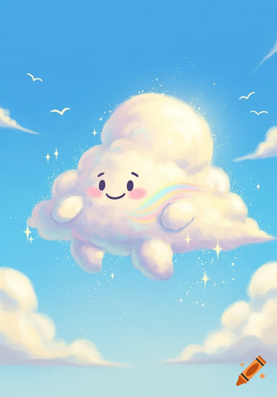 A cute, smiling cartoon cloud with a rainbow stripe floats in a bright blue sky with birds and sparkling stars.