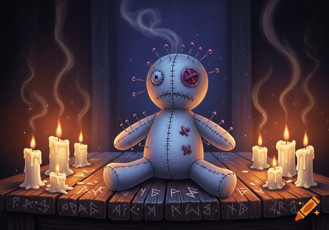 A stylized voodoo doll with pins sits on a wooden table surrounded by glowing candles and smoke, with symbols carved into the wood.