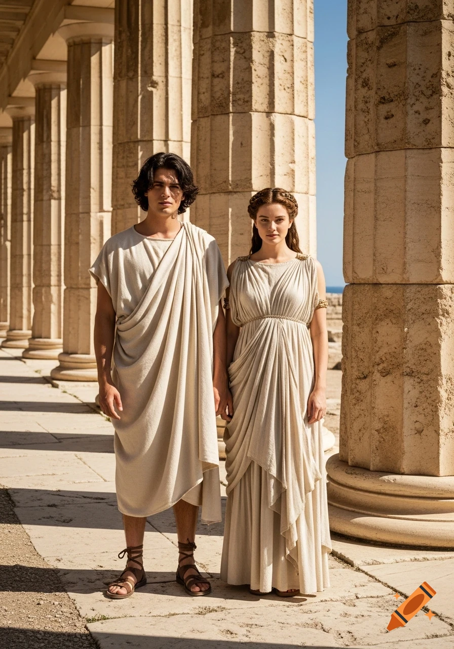 A man and woman in traditional Greek clothing stand side by side in a classical temple setting with stone columns, photorealistic style.