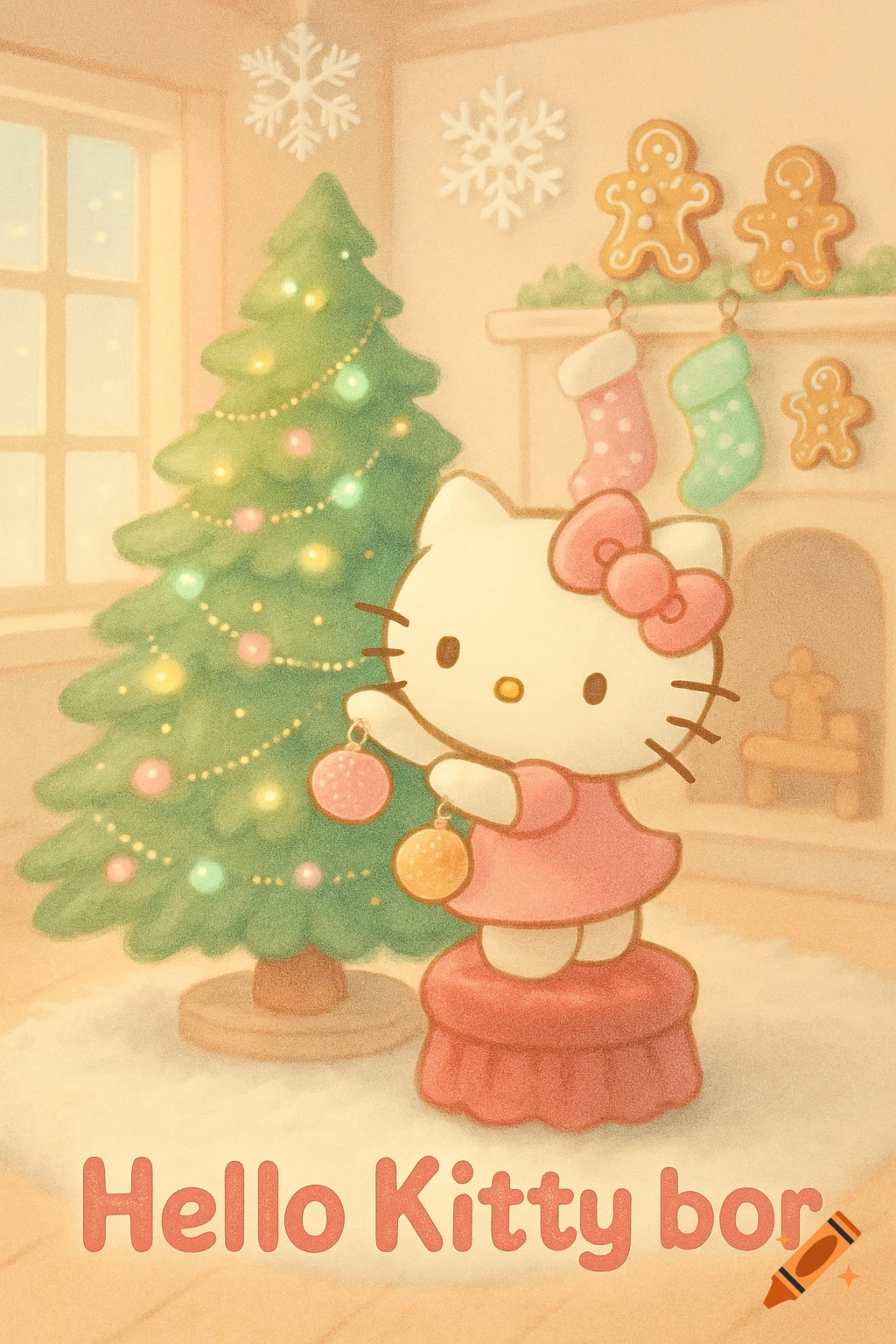 Hello Kitty decorates a Christmas tree in a cozy room with stockings and gingerbread cookies, in a soft pastel illustration style.