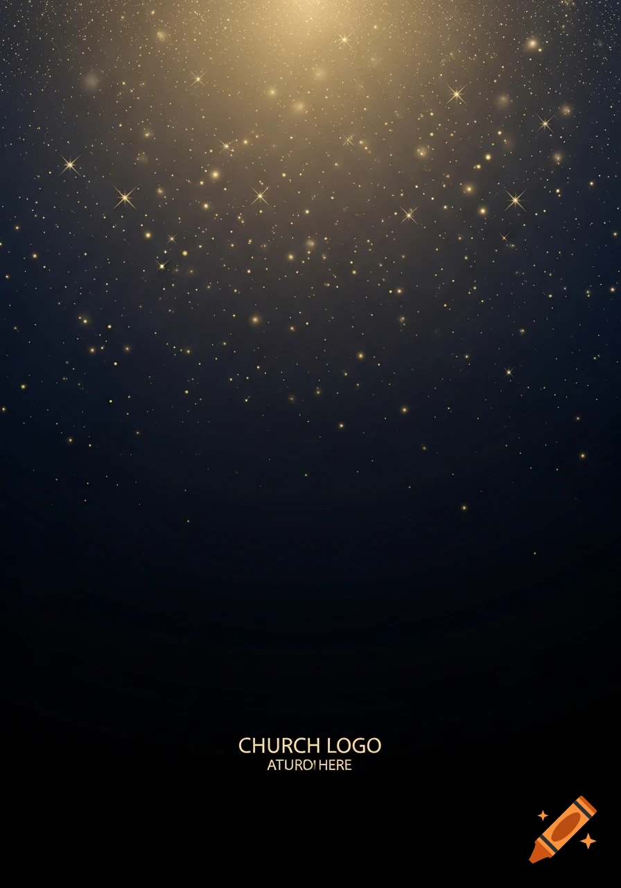 A dark blue to black gradient background with warm golden light, fine golden star glitter, and subtle bokeh effects at the top, leaving a clear area at the bottom.