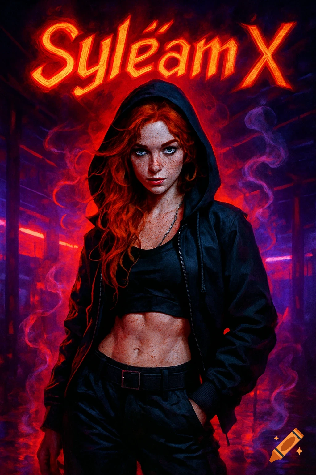 A woman with fiery red hair, freckles, and toned abs, wearing a black hooded jacket and crop top, stands in a dark, neon-lit club with smoke. The text "Sylëam X" is in neon red above her.