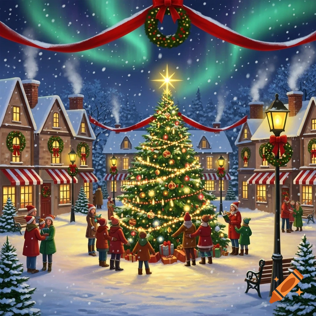 Festive Christmas village at night with a large decorated tree, people, snowy houses, and the Northern Lights, in an illustrated style.