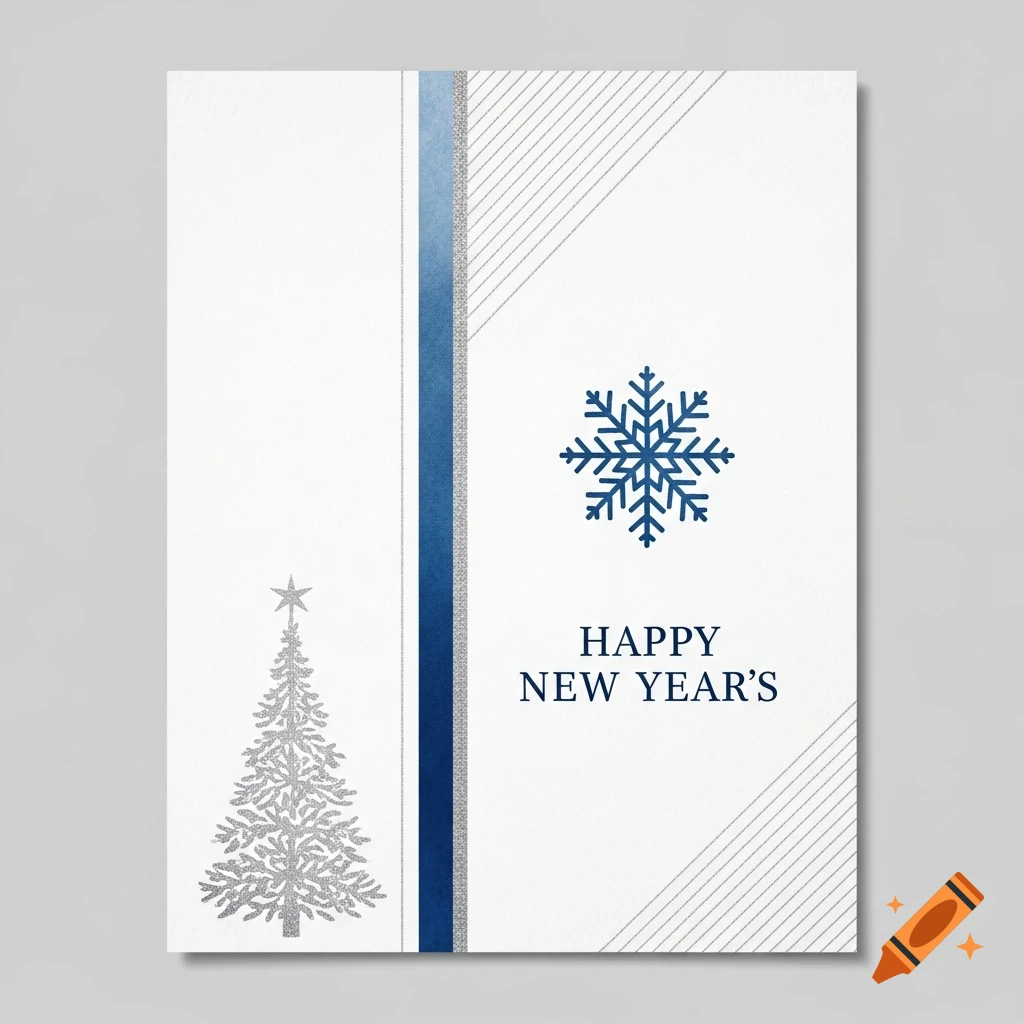 A minimalist New Year's card with a silver Christmas tree, a blue snowflake, a blue and silver stripe, and the text 'HAPPY NEW YEAR'S' on a white background.