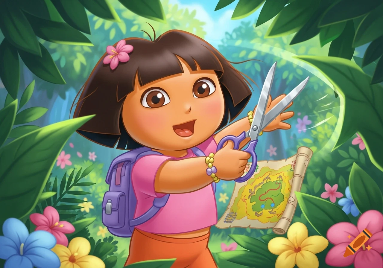 Dora the Explorer in a jungle, smiling and holding purple scissors and a map, looking forward in a vibrant cartoon style.