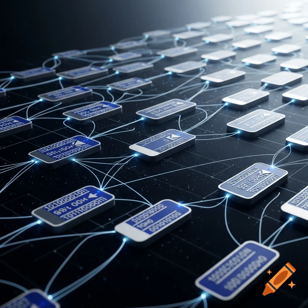 Abstract network of glowing blue rectangular data blocks connected by lines on a dark background.