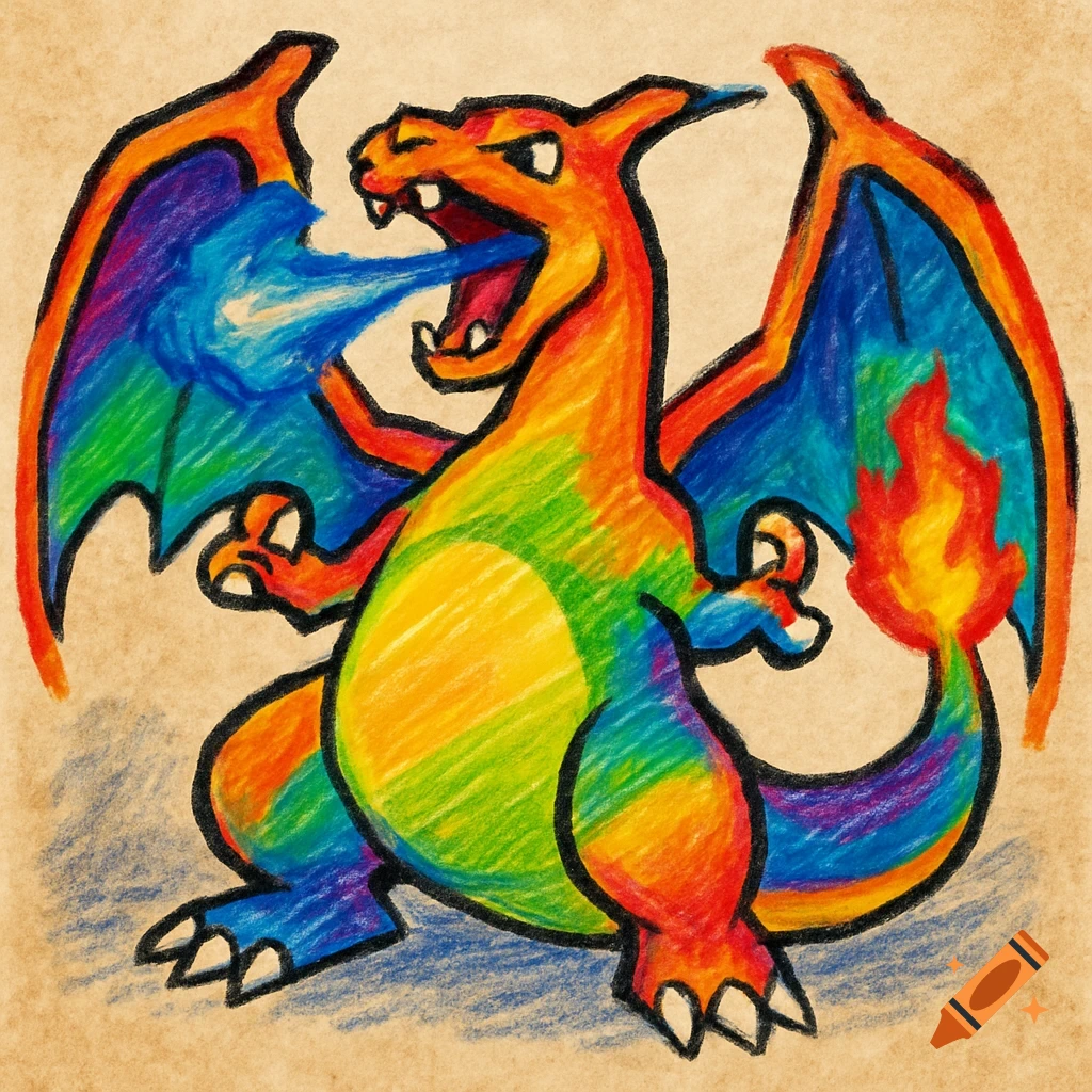 Rainbow-colored Charizard breathing blue fire, drawn in a crayon style on a beige paper background.