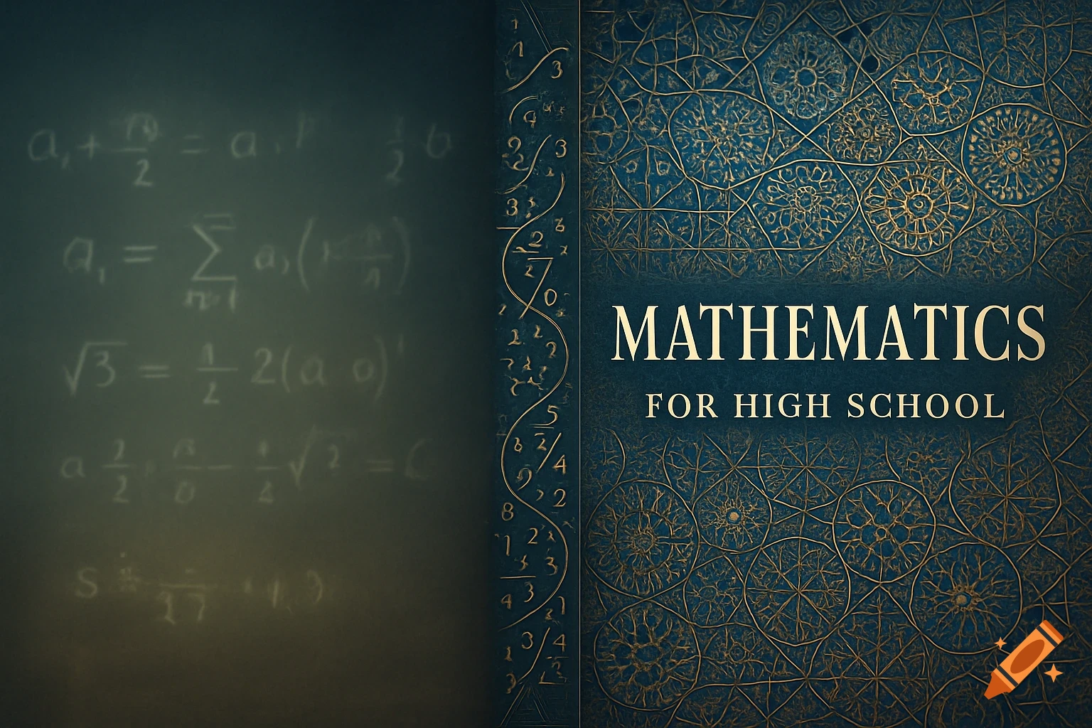 A dark blue book cover with a golden geometric pattern and the title "MATHEMATICS FOR HIGH SCHOOL" in white. To the left is a blurred chalkboard with faded mathematical equations.