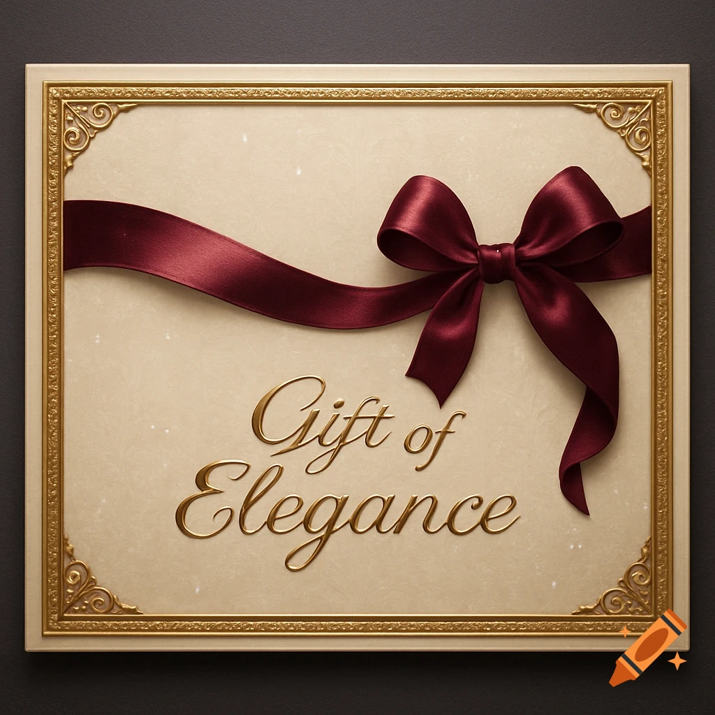 A luxurious gift certificate with gold 'Gift of Elegance' text, a deep red satin ribbon, and an ornate gold frame on a cream background.