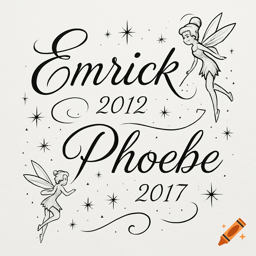 Black and white illustration of 'Emrick 2012' and 'Phoebe 2017' in elegant script, with two flying fairies and stars.