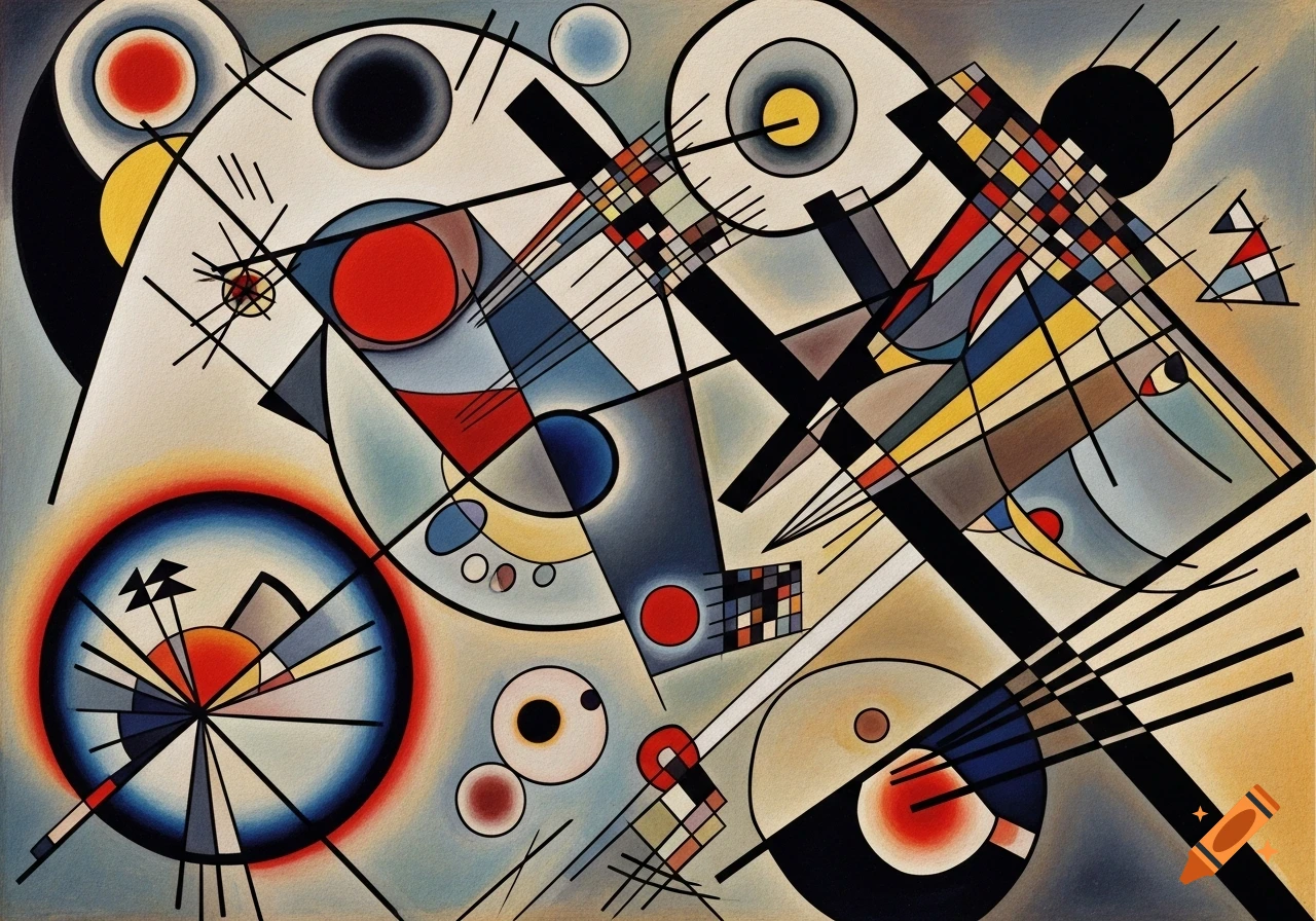 Abstract painting in the style of Wassily Kandinsky, with bold geometric shapes, circles, triangles, and lines in vibrant primary colors.