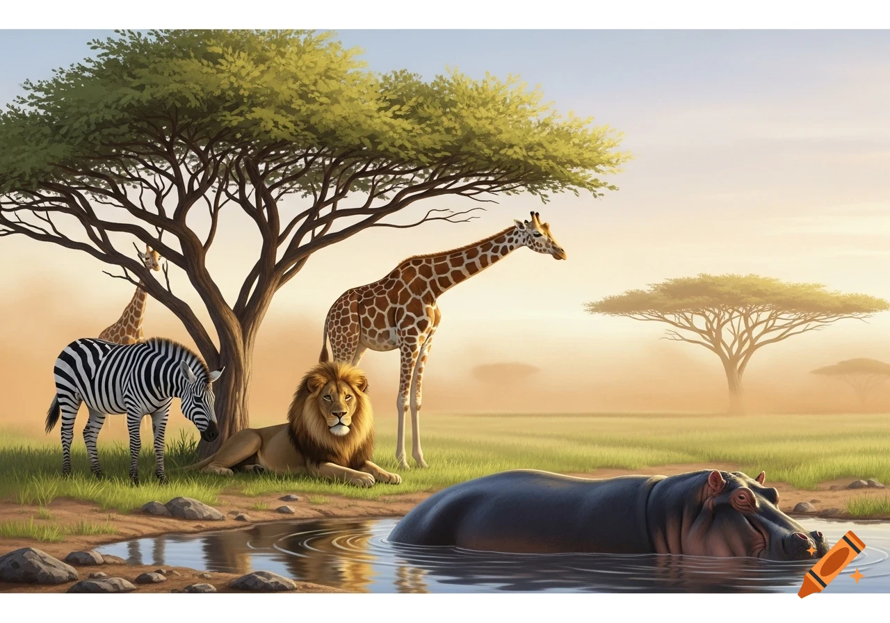 Digital painting of a lion, zebra, two giraffes, and a hippo in an African savanna landscape with an acacia tree and water.