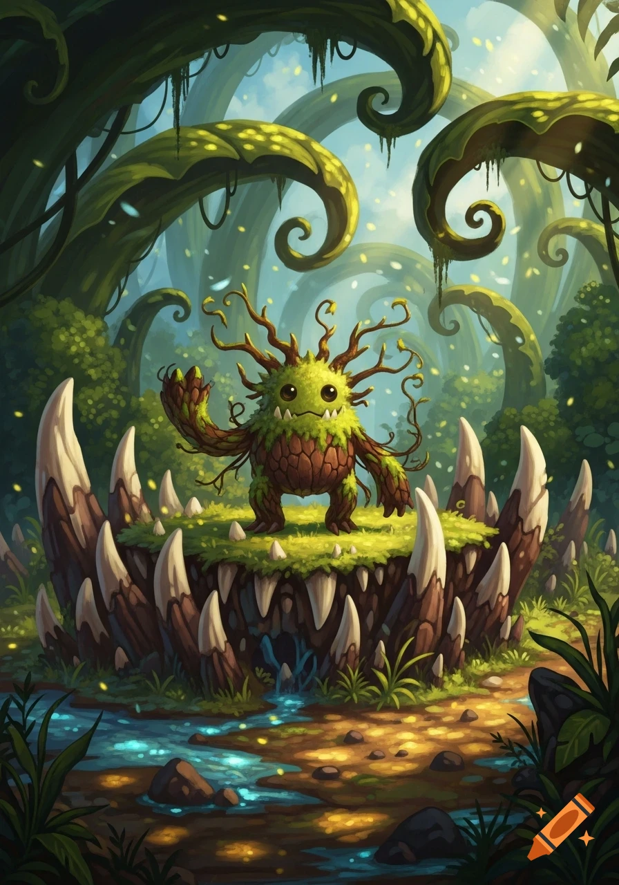 A cartoonish moss-covered monster with twig antlers stands on a jagged, tooth-like island amidst a lush, whimsical fantasy forest with glowing plants and a stream.