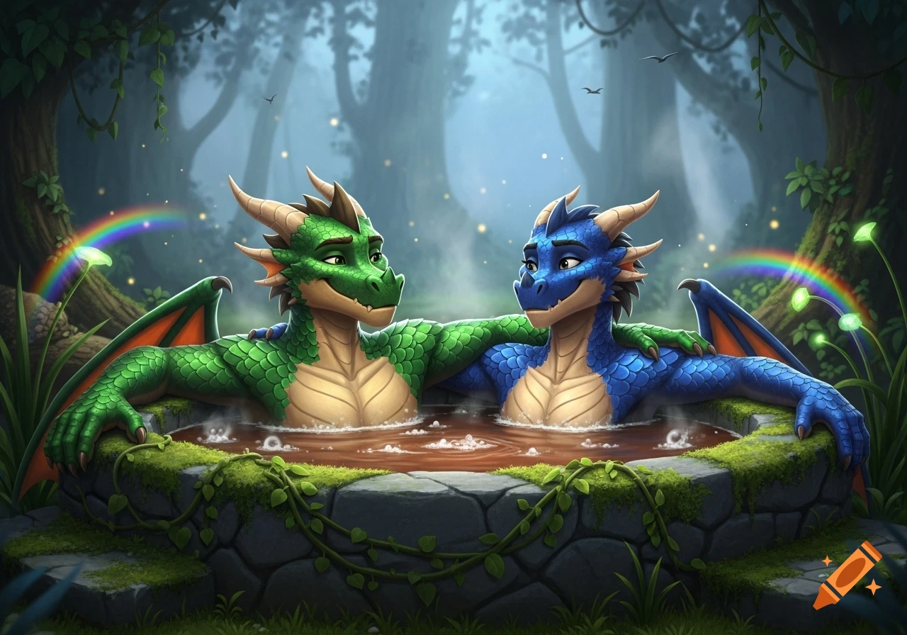 Two anthropomorphic dragons, one green and one blue, happily relax in a mud hot tub in a mystical forest with rainbows, 3D animation style.