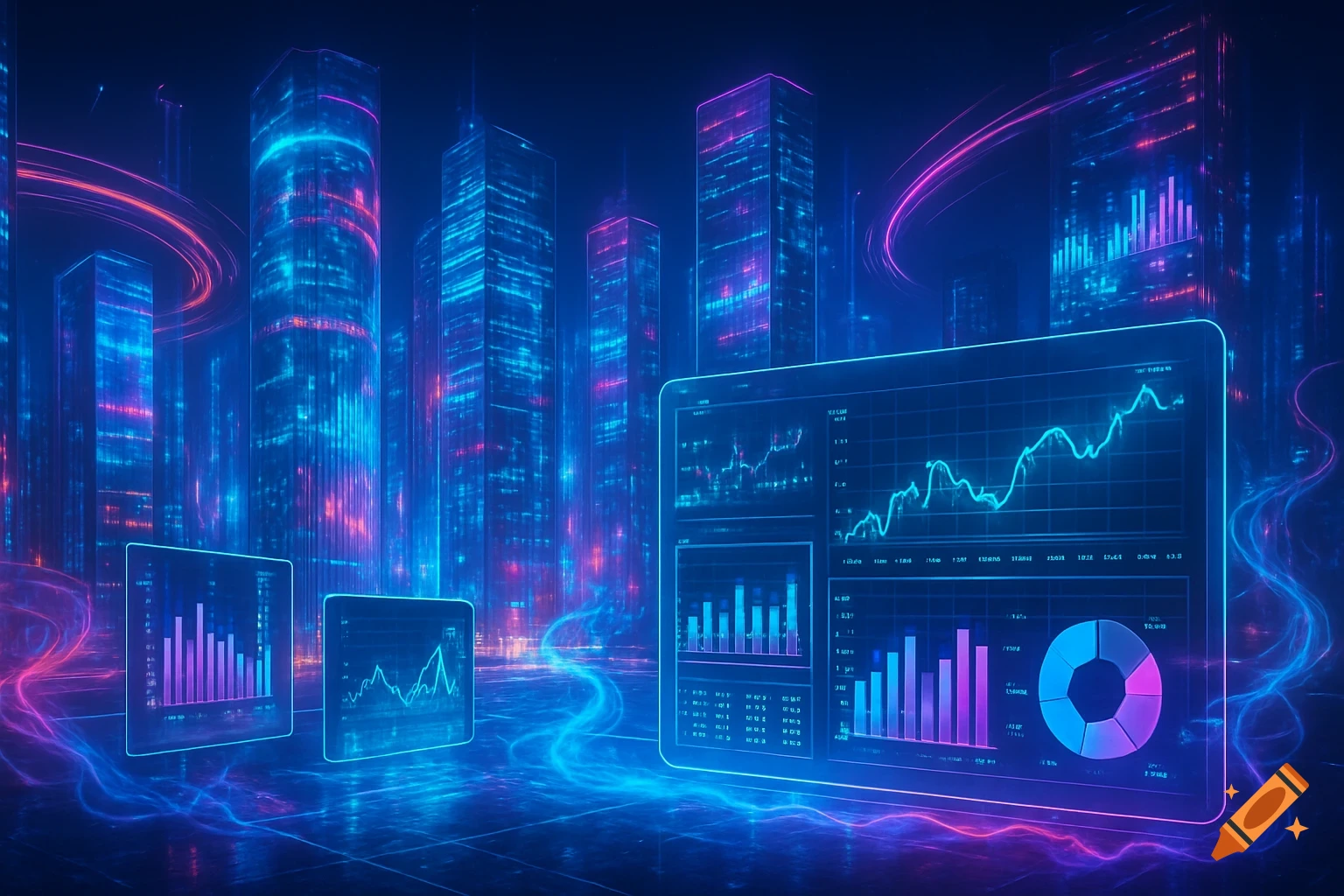Futuristic city skyline at night with glowing blue and pink skyscrapers, surrounded by digital data charts displaying graphs and a pie chart.