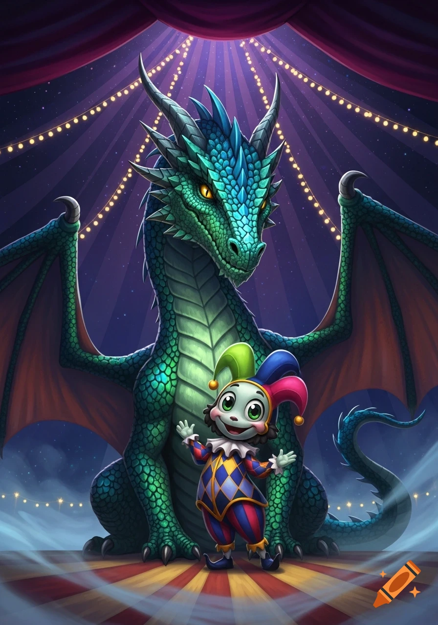 Vibrant cartoon illustration of a green and blue dragon with a small jester character posing under a circus tent with string lights.