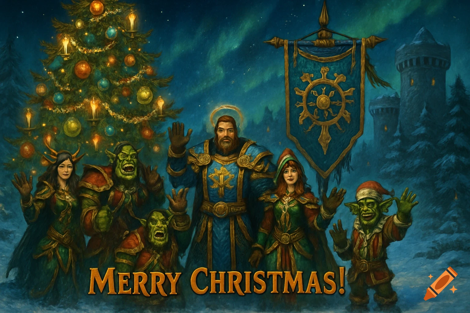World of Warcraft-style fantasy characters, including humans, orcs, and a goblin, celebrate Christmas. Text: MERRY CHRISTMAS!