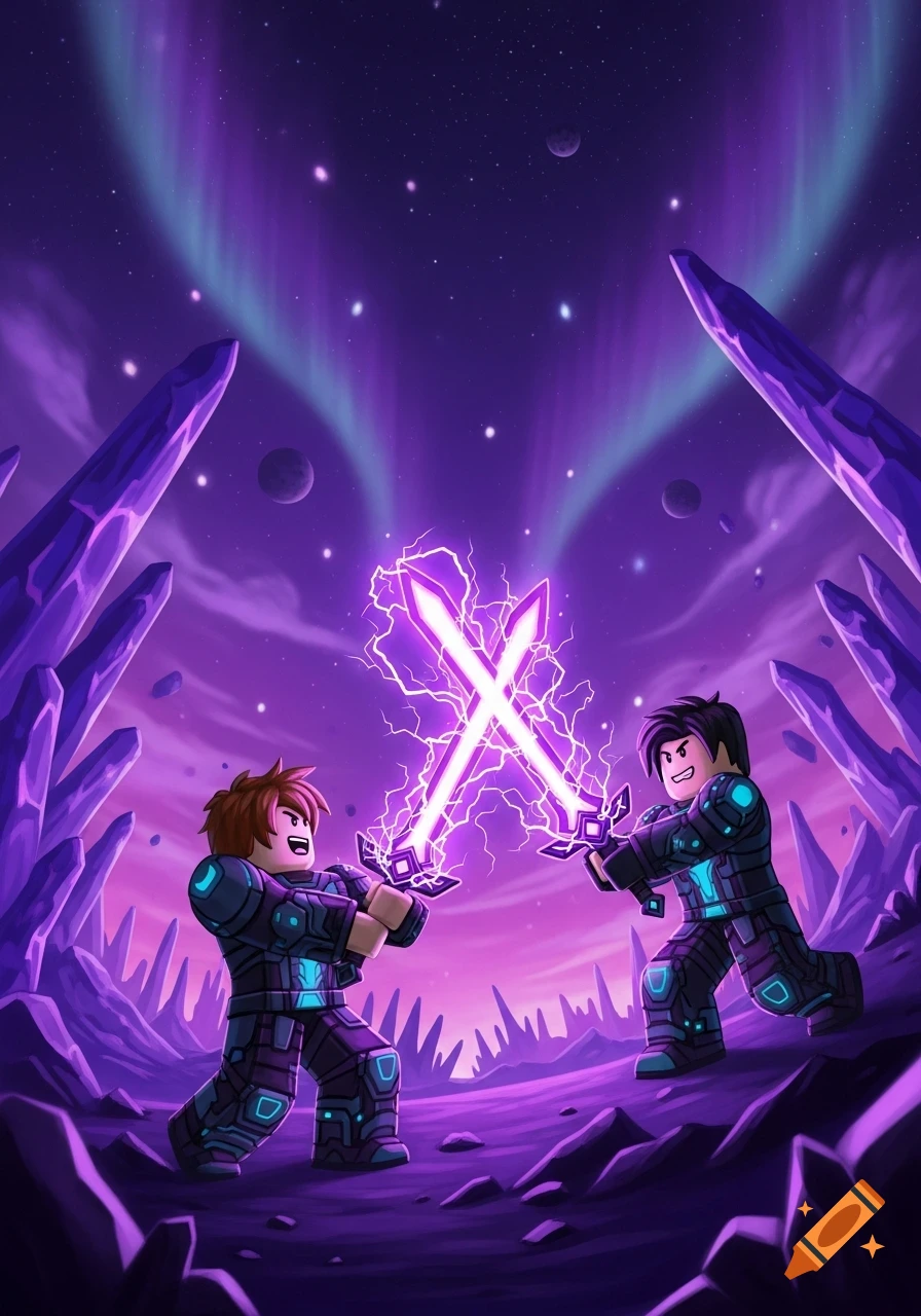 Two Roblox-style characters fight with glowing purple swords on a purple alien planet with crystal formations under an aurora sky.