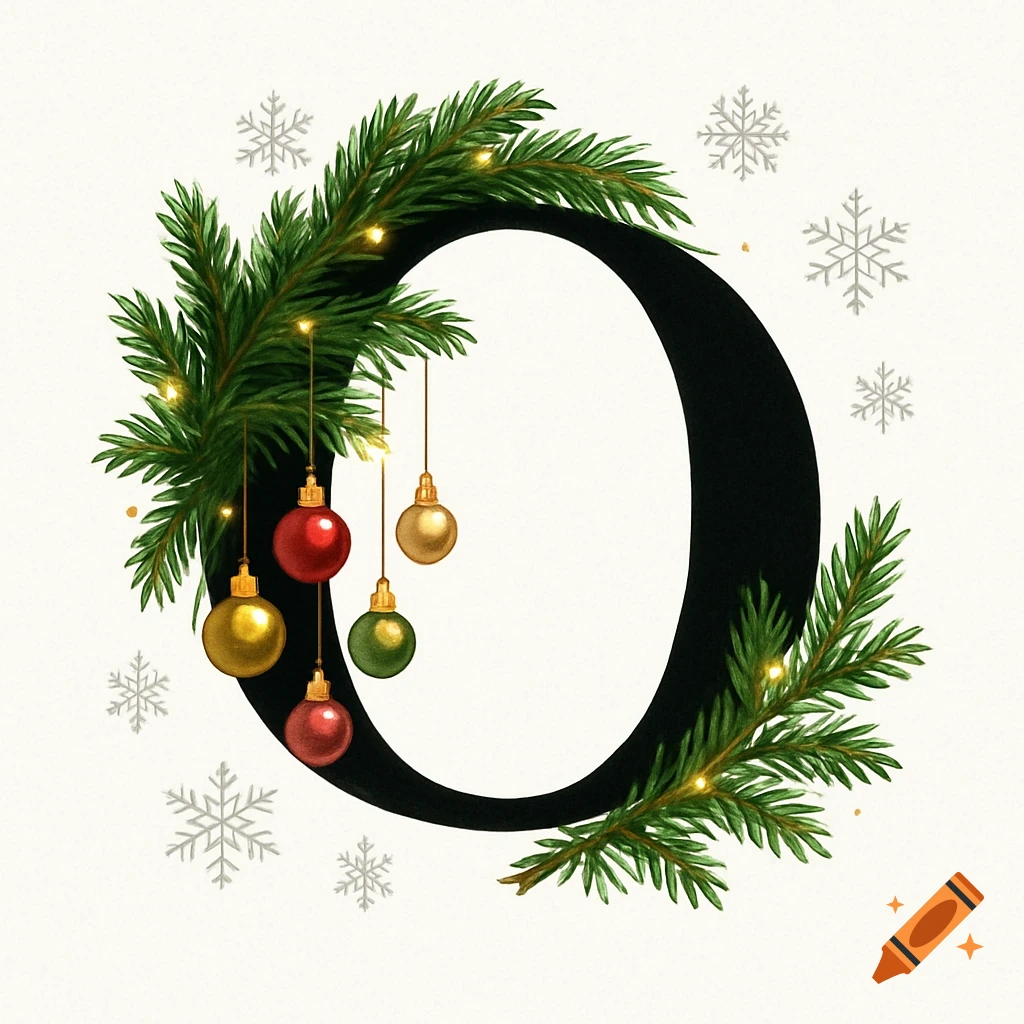 A stylized black capital letter O adorned with green pine branches, red and gold Christmas ornaments, and white snowflakes on a light background.