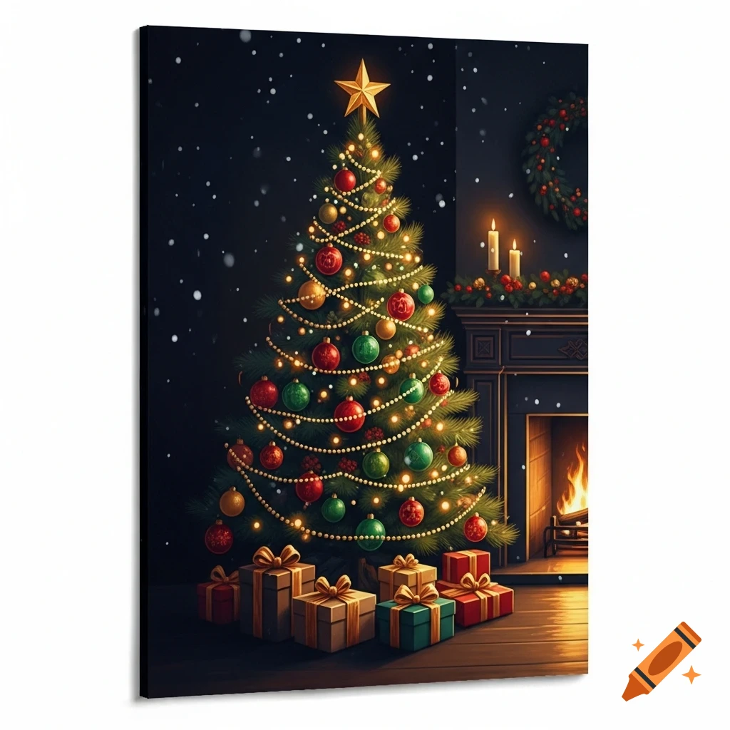 Decorated Christmas tree with presents and a lit fireplace, under falling snow.