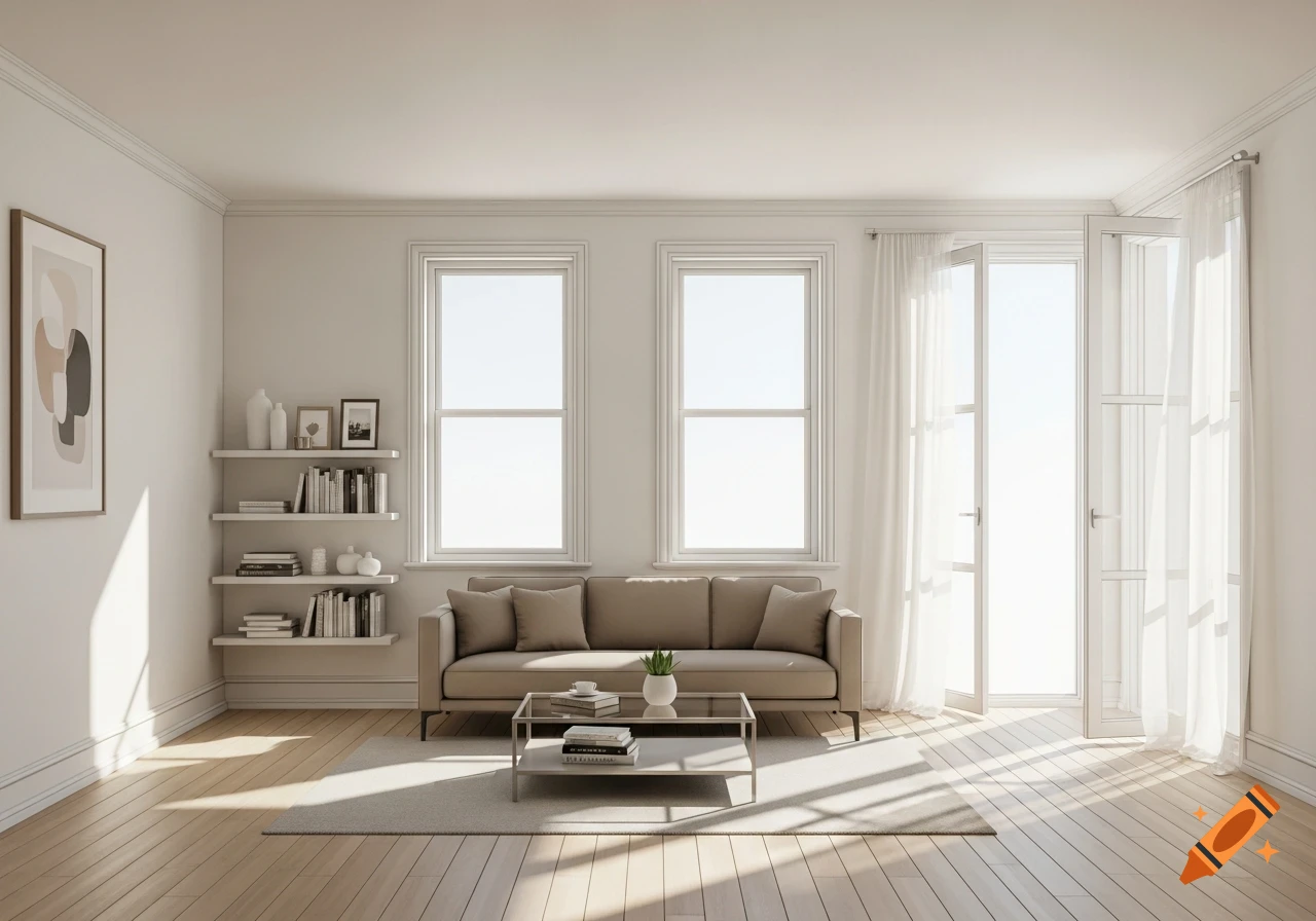 A bright, minimalist living room with a beige sofa, coffee table, white shelves, and tall windows, featuring light wood floors.