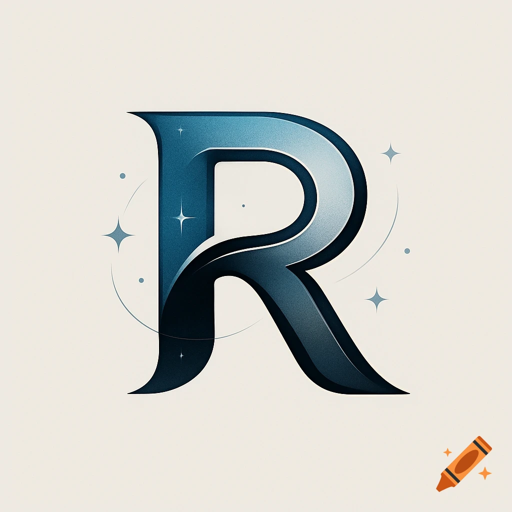 A stylized letter R in shades of blue and black with white highlights, featuring subtle stars on a light background.
