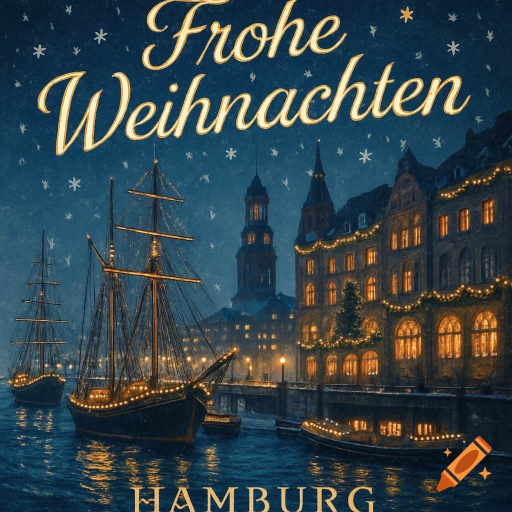 Festive Christmas scene in Hamburg with decorated boats, buildings, and falling snow, text 'Frohe Weihnachten'.