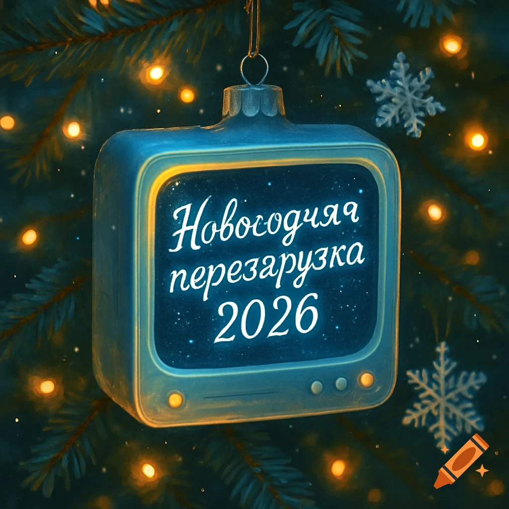 A blue retro TV shaped Christmas ornament with text 'Новогодняя перезагрузка 2026' hangs on a pine branch with lights and a snowflake.