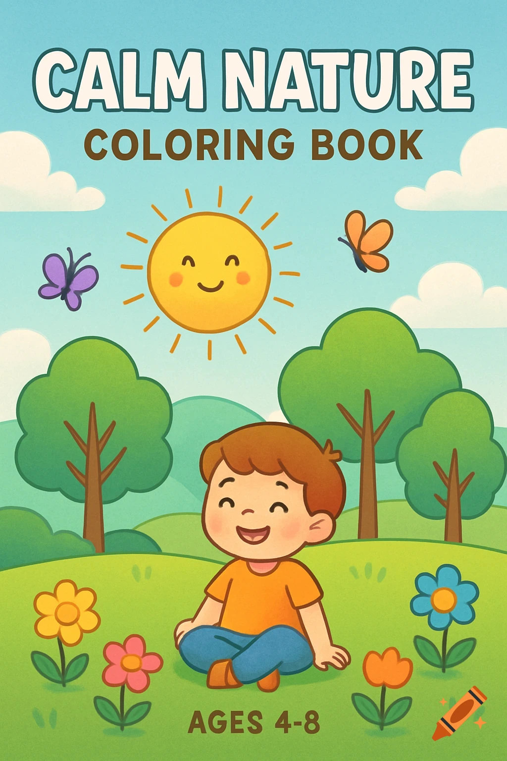 Friendly cartoon coloring book cover titled 'Calm Nature Coloring Book Ages 4-8', featuring a happy child sitting on a grassy hill with sun, trees, flowers, and butterflies.