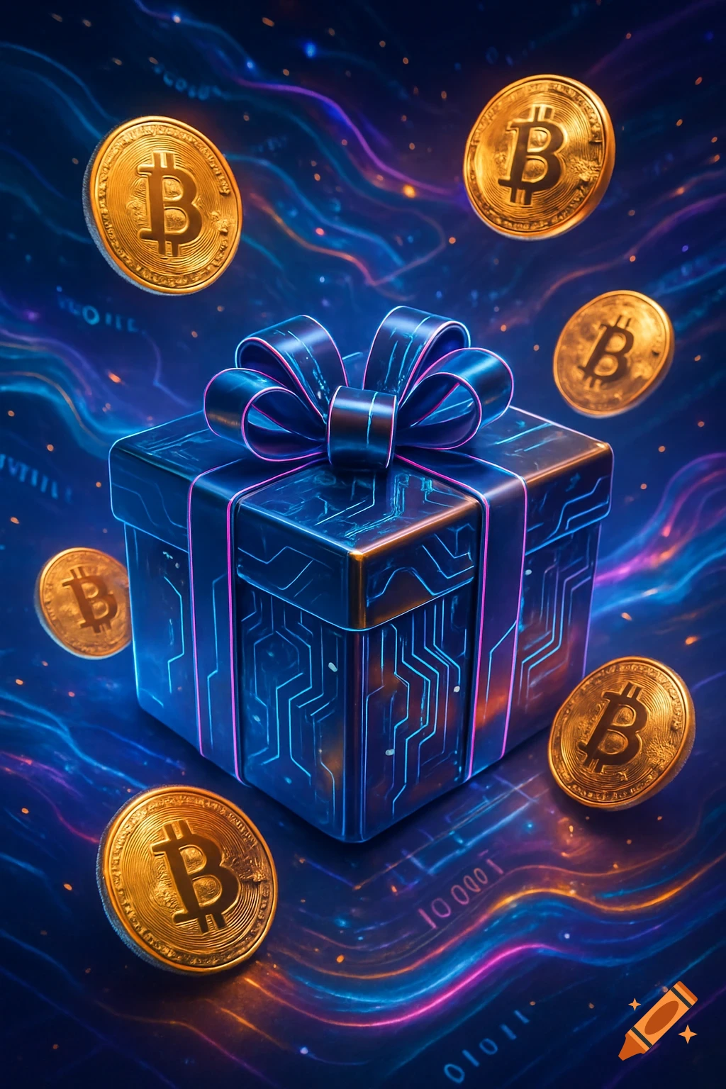 A glowing blue gift box with pink circuit lines, surrounded by golden Bitcoin coins on a dark, abstract digital background.