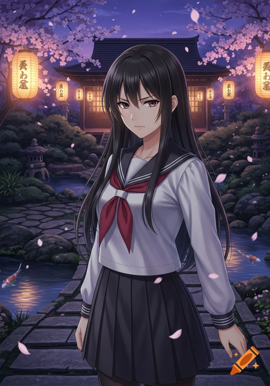 An anime schoolgirl with long black hair stands in a Japanese garden with cherry blossoms, lanterns, and a pond at night.