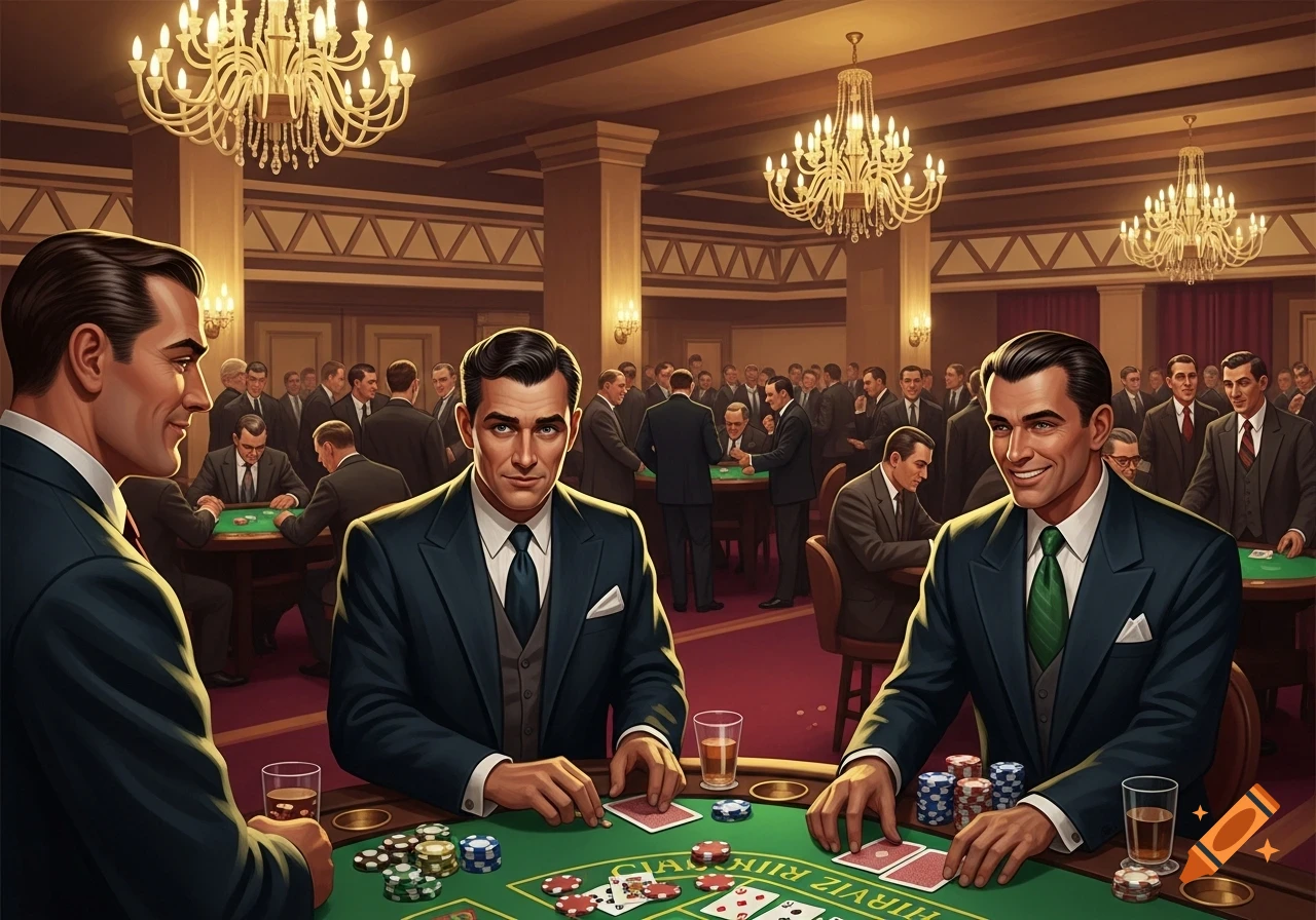 A group of men in suits gambling at card tables in a chandelier-lit casino, featuring three men in the foreground.