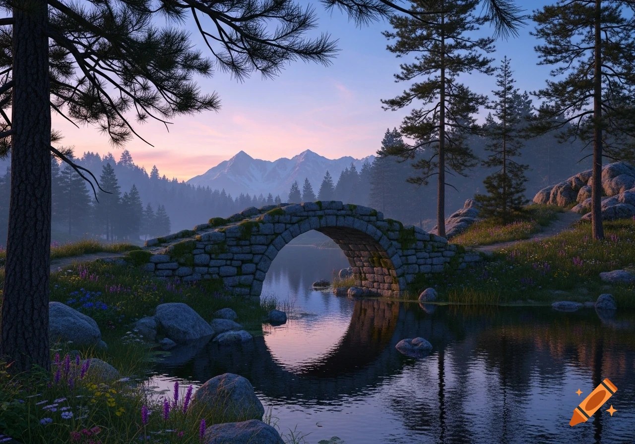 A stone arch bridge crosses a calm river reflecting a vibrant sunset sky, surrounded by pine trees, mountains, and wildflowers.
