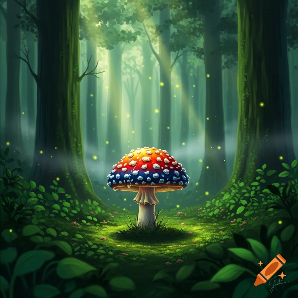 A vibrant red, orange, and blue mushroom with white spots in a lush, enchanted forest with glowing fireflies and dappled sunlight.