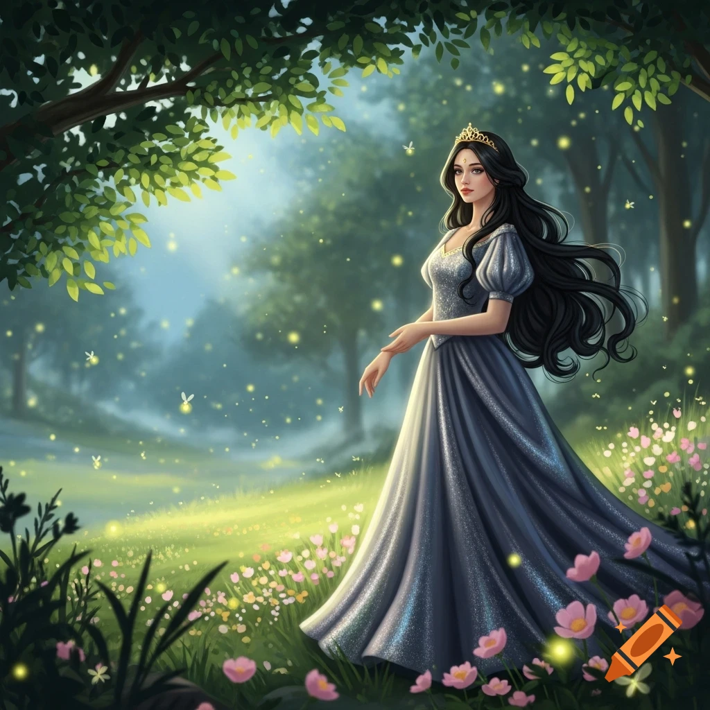 A beautiful princess with long dark hair and a shimmering gray gown stands in an enchanted forest with glowing fireflies and pink flowers, digital art.