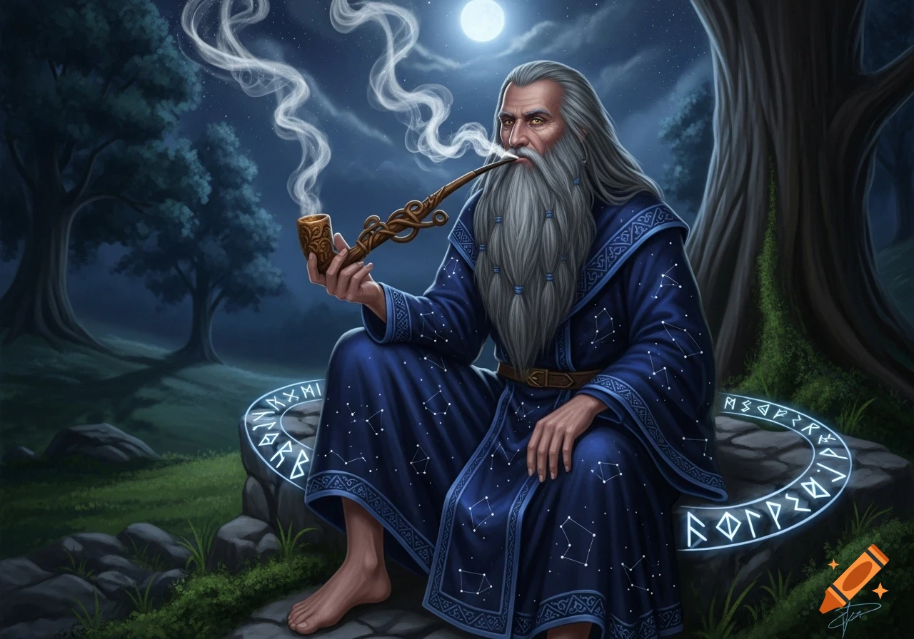 A long-bearded wizard in a constellation-patterned blue robe smokes an ornate pipe under a full moon, sitting beside glowing runes in a dark fantasy forest.