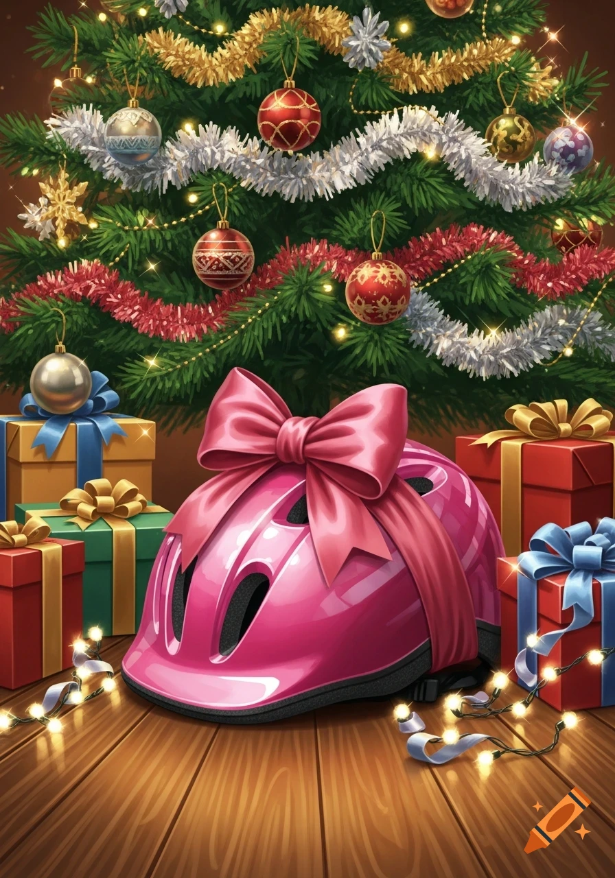 A pink bicycle helmet with a pink bow, surrounded by colorful presents and string lights under a decorated Christmas tree. Illustration.
