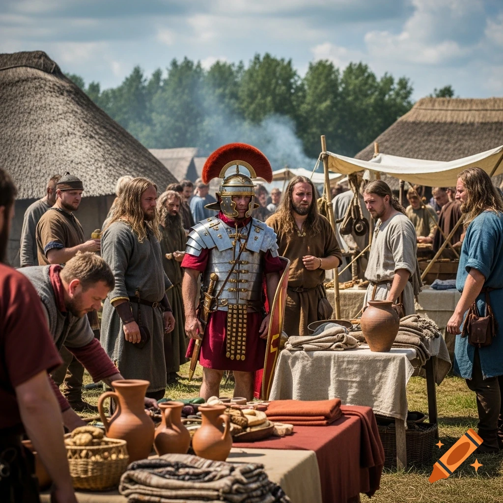 A photorealistic image of a Roman soldier and other people in first-century clothing at an outdoor market or encampment.