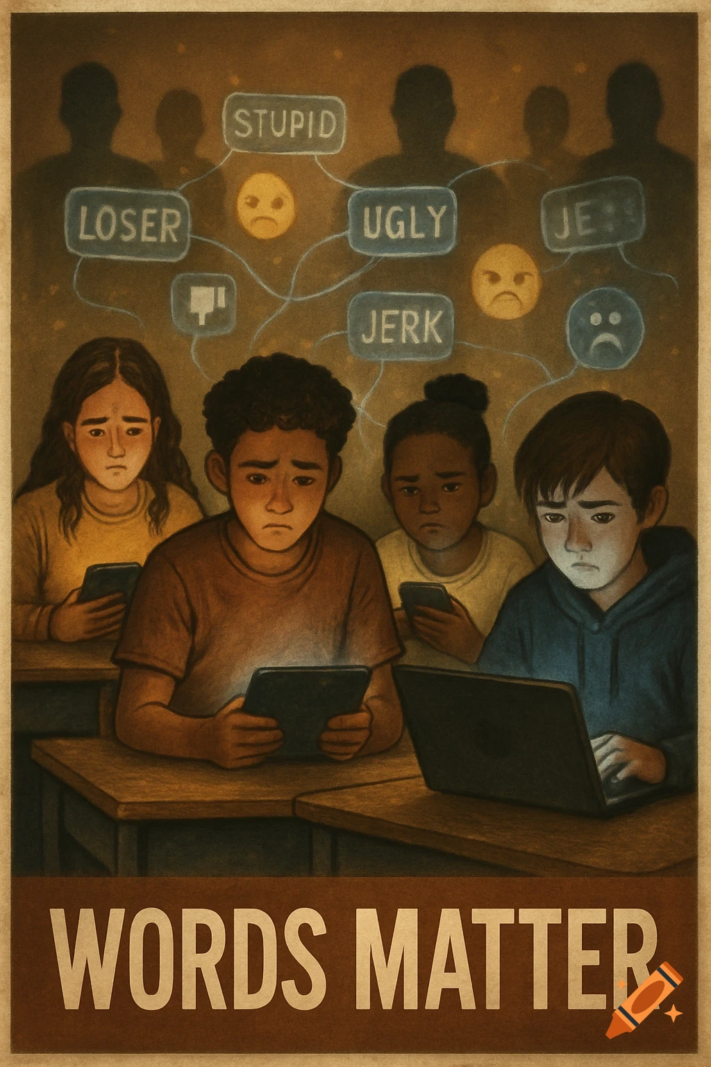 An illustrative classroom poster depicting four sad children using phones and a laptop, surrounded by floating negative words like "STUPID," "LOSER," "UGLY," and "JERK." The bottom reads "WORDS MATTER."