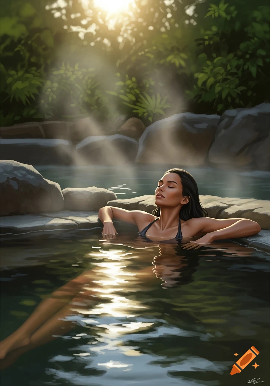 A dark-haired woman in a bikini top relaxes in a steamy hot spring surrounded by lush green foliage, with bright sunlight filtering through the trees, in an illustrated style.