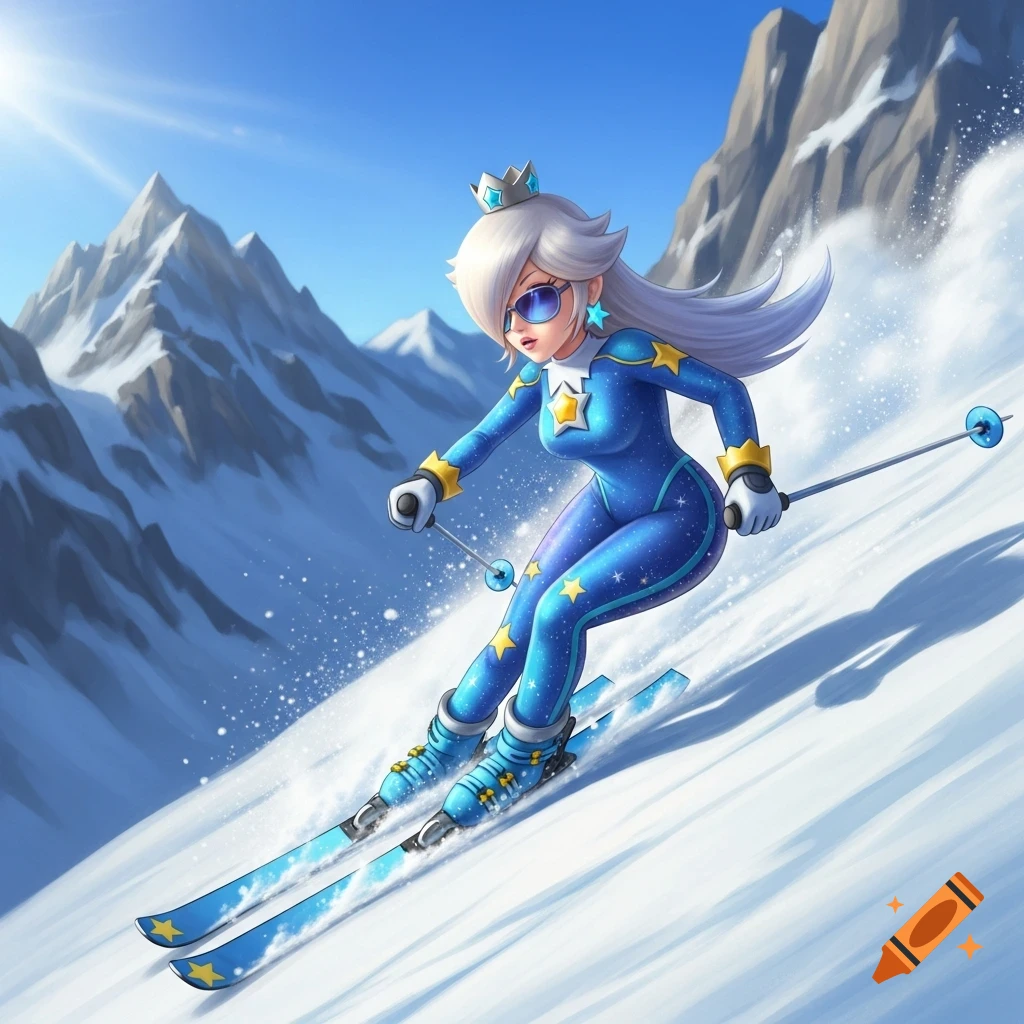 Rosalina from Mario Galaxy in a blue, star-spangled ski suit, sunglasses, and crown, skis down a snowy mountain slope.