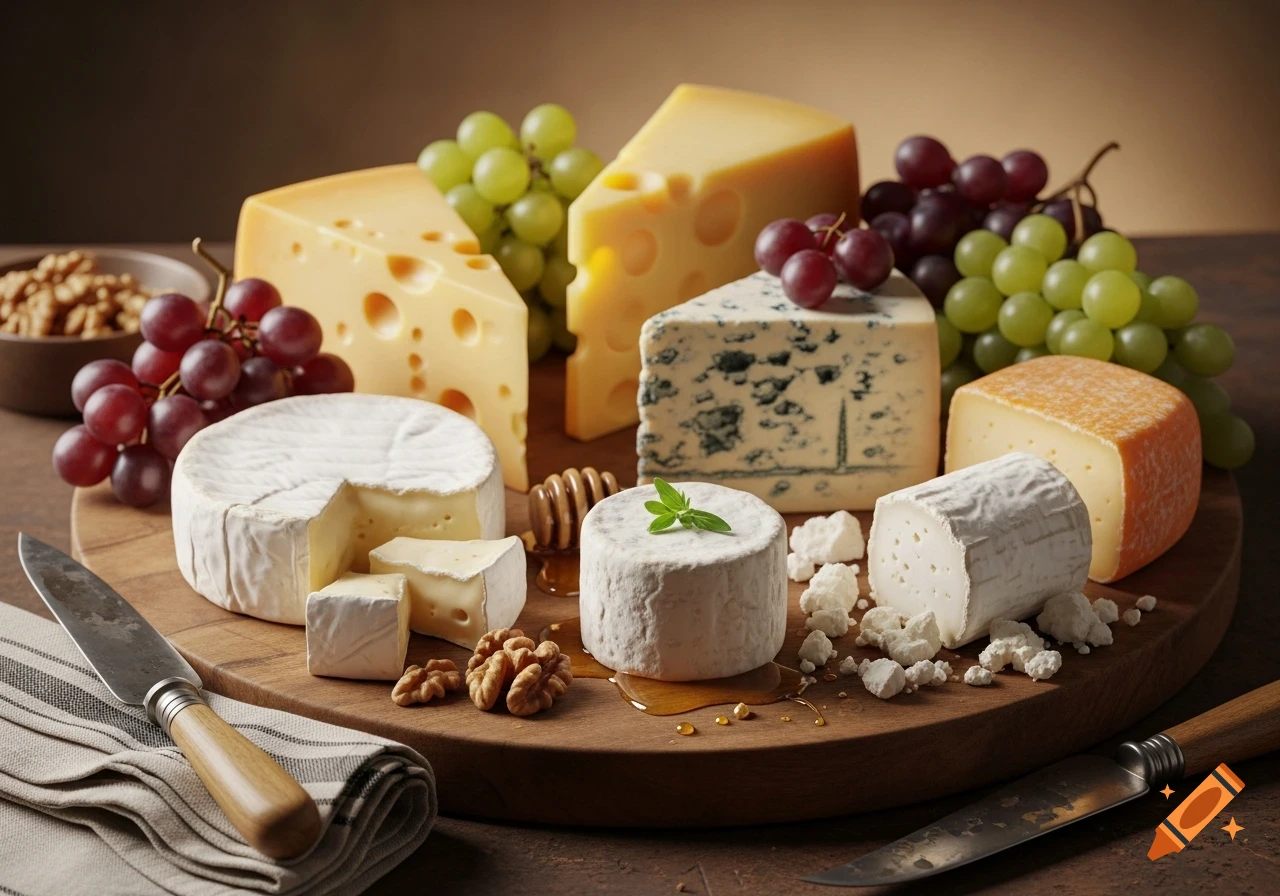 A photorealistic still life of various cheeses, red and green grapes, walnuts, and honey arranged on a rustic wooden board.