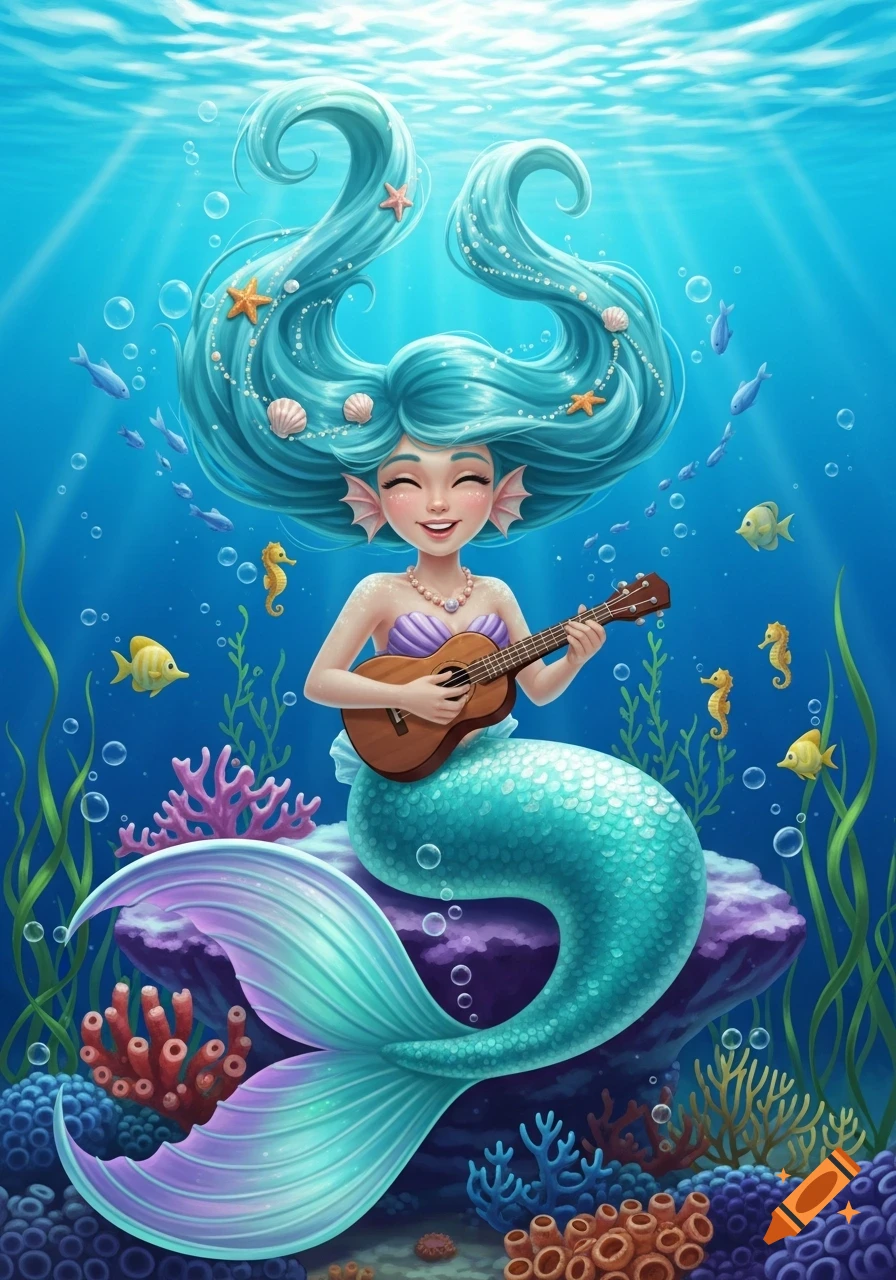 A smiling cartoon mermaid with blue hair and a turquoise tail plays a brown ukulele underwater amidst coral, fish, and seahorses.