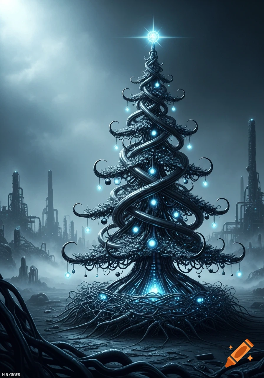 A dark, biomechanical Christmas tree with glowing blue lights stands in an industrial, misty landscape, in the style of H.R. Giger.